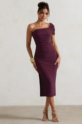 Plum Asymmetric One-Shoulder Split Midi Dress